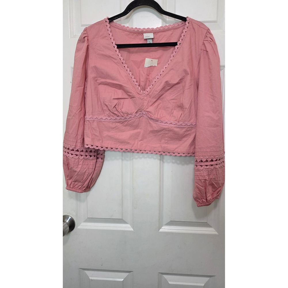 NEW A New Day Eyelet Lace Crop Top Womens L Pink Long Sleeve Cotton Blouse Boho